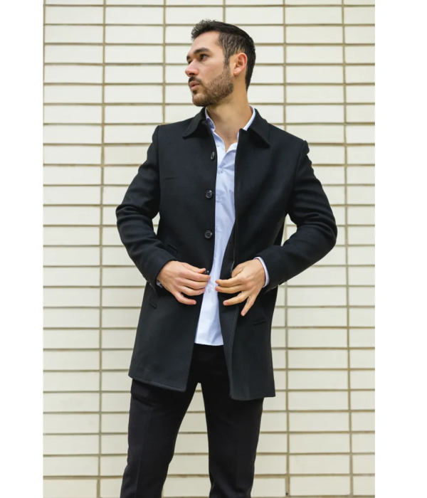 Men's Classic Collar Wool Blend Black Overcoat