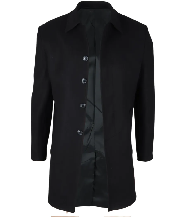 Men's Classic Collar Wool Blend Black Overcoat