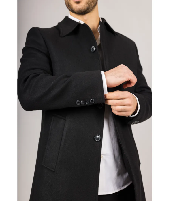 Men's Classic Collar Wool Blend Black Overcoat