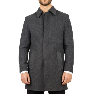 Men's Classic Collar Wool Blend Grey Overcoat