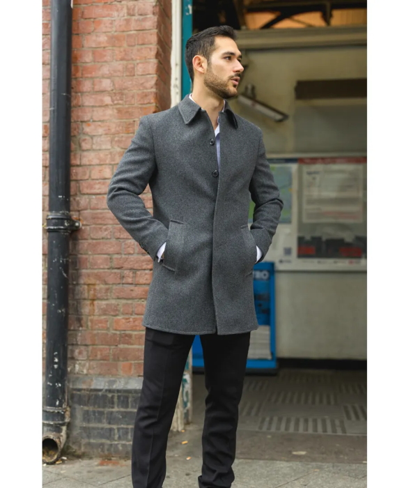 Men's Classic Collar Wool Blend Grey Overcoat