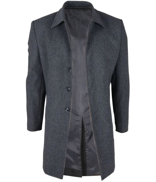 Men's Classic Collar Wool Blend Grey Overcoat