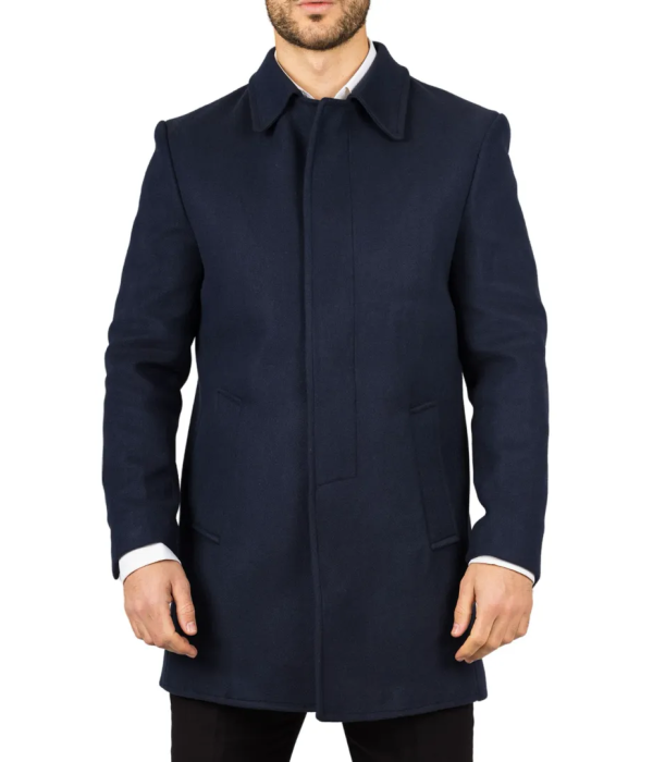 Men's Classic Collar Wool Blend Navy Overcoat