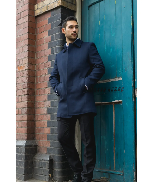 Men's Classic Collar Wool Blend Navy Overcoat