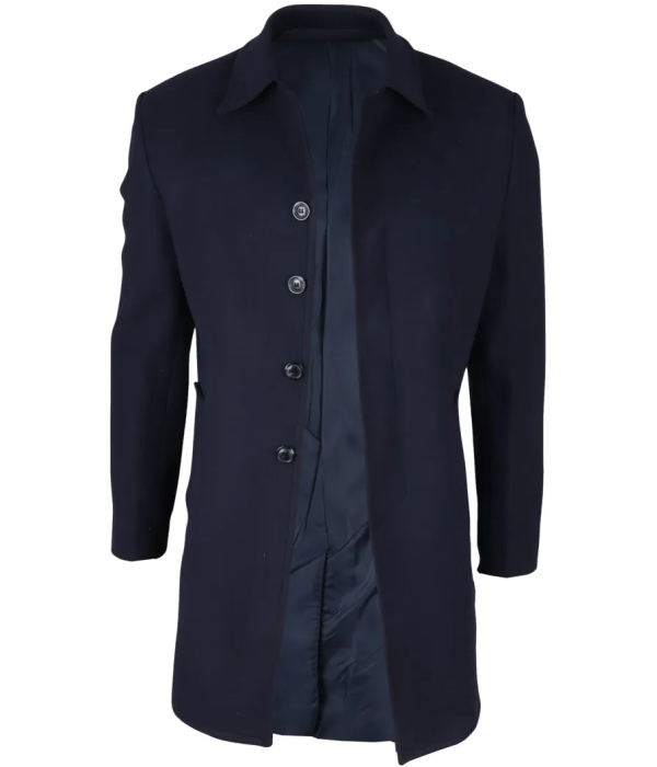 Men's Classic Collar Wool Blend Navy Overcoat