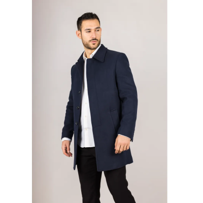 Men's Classic Collar Wool Blend Navy Overcoat