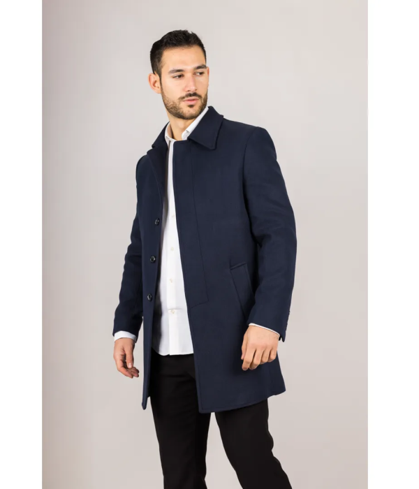 Men's Classic Collar Wool Blend Navy Overcoat