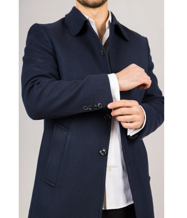 Men's Classic Collar Wool Blend Navy Overcoat