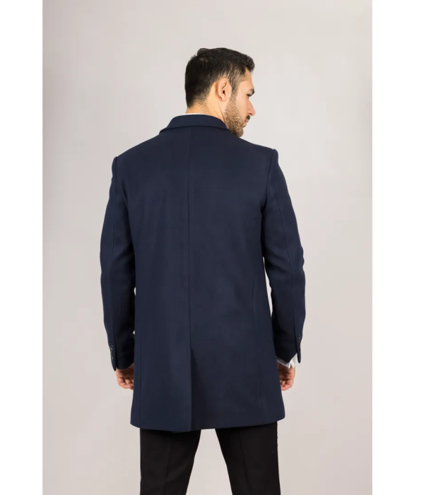 Men's Classic Collar Wool Blend Navy Overcoat