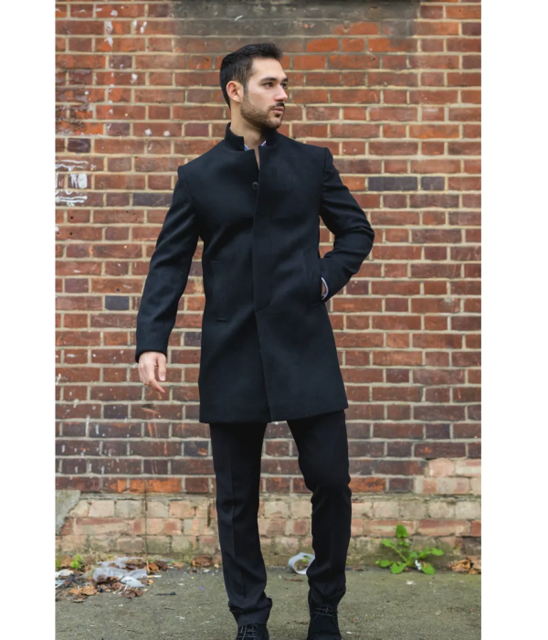 Men's Stand Collar Wool Blend Black Overcoat