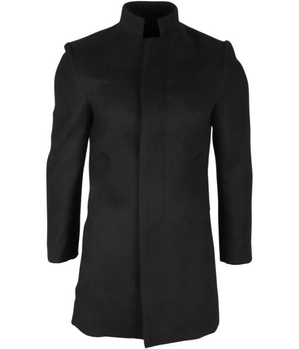 Men's Stand Collar Wool Blend Black Overcoat