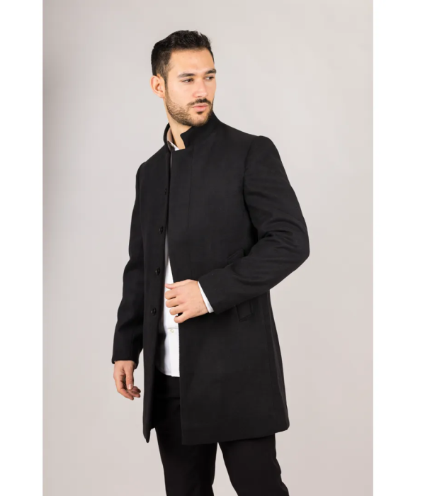 Men's Stand Collar Wool Blend Black Overcoat