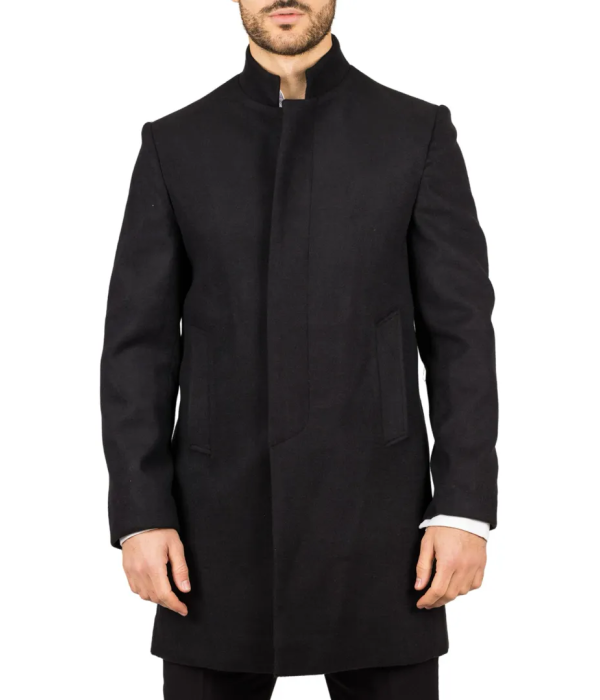 Men's Stand Collar Wool Blend Black Overcoat