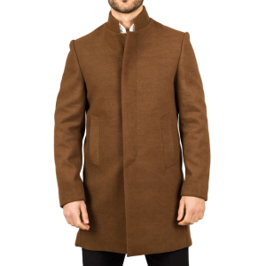 Men’s Stand Collar Wool Blend Brown Overcoat