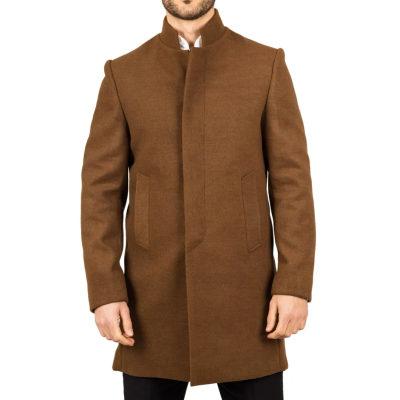 Men's Stand Collar Wool Blend Brown Overcoat