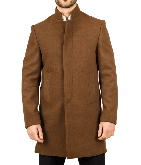 Men's Stand Collar Wool Blend Brown Overcoat