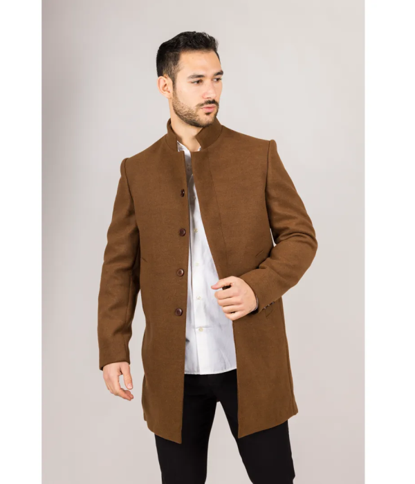 Men's Stand Collar Wool Blend Brown Overcoat