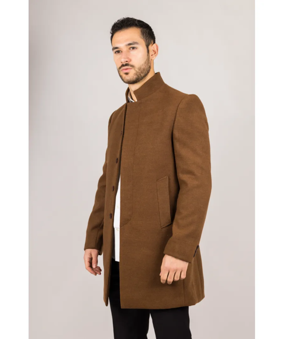 Men's Stand Collar Wool Blend Brown Overcoat