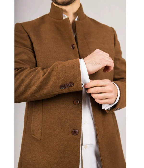 Men's Stand Collar Wool Blend Brown Overcoat