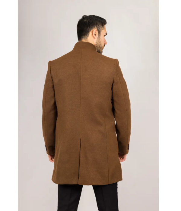 Men's Stand Collar Wool Blend Brown Overcoat