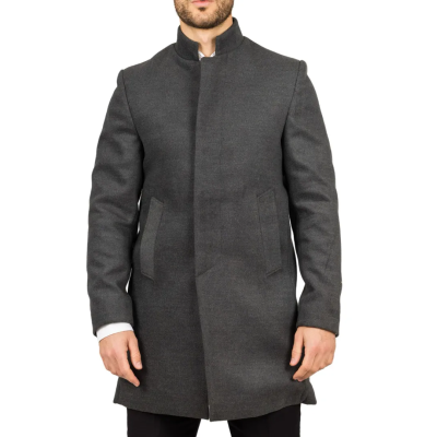 Men's Stand Collar Wool Blend Grey Overcoat