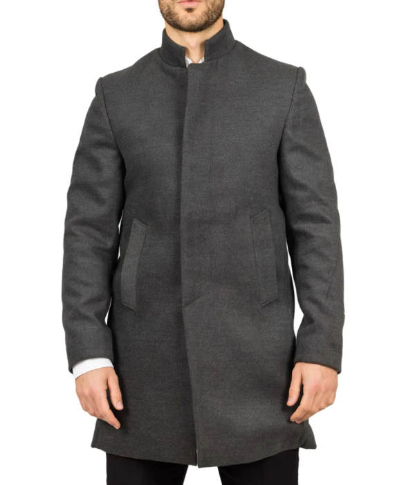 Men's Stand Collar Wool Blend Grey Overcoat