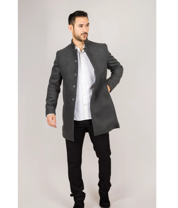 Men's Stand Collar Wool Blend Grey Overcoat