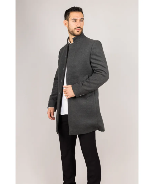 Men's Stand Collar Wool Blend Grey Overcoat