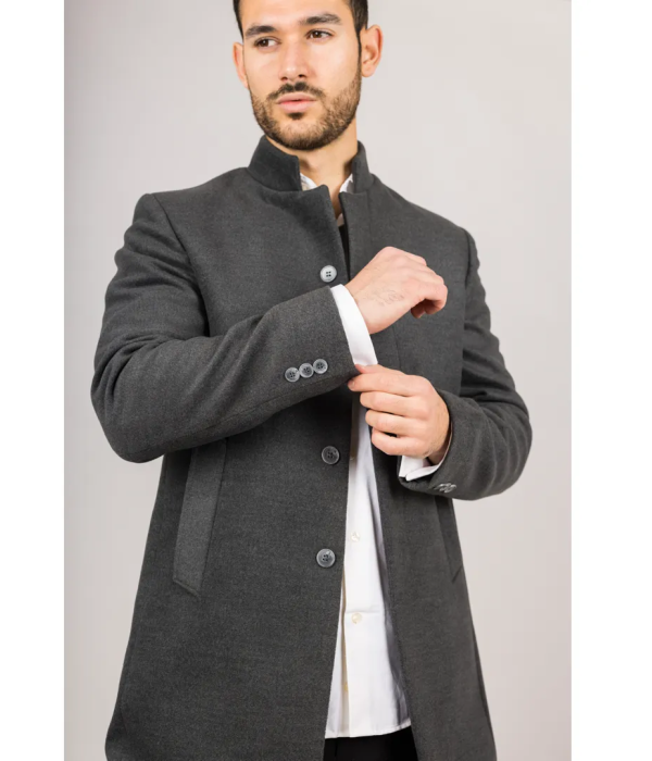 Men's Stand Collar Wool Blend Grey Overcoat