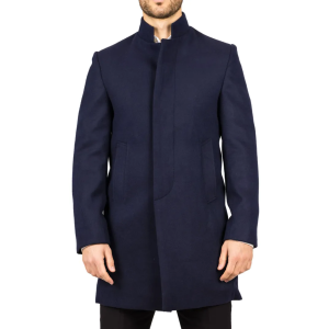 Men’s Stand Collar Wool Blend Navy Overcoat