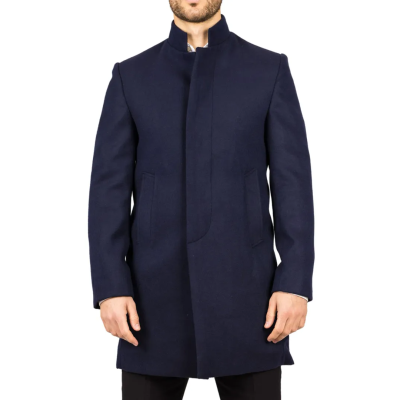 Men's Stand Collar Wool Blend Navy Overcoat