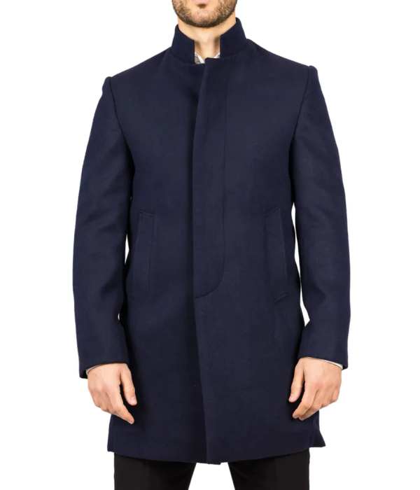 Men's Stand Collar Wool Blend Navy Overcoat