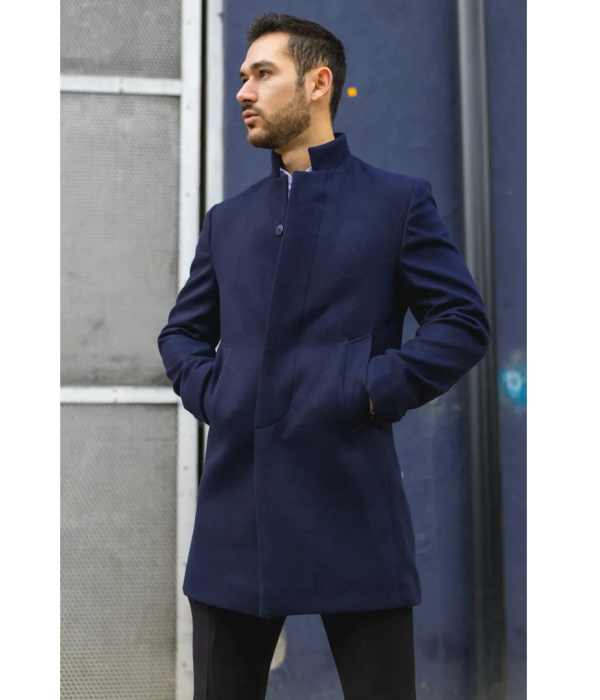 Men's Stand Collar Wool Blend Navy Overcoat