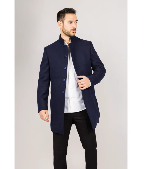 Men's Stand Collar Wool Blend Navy Overcoat