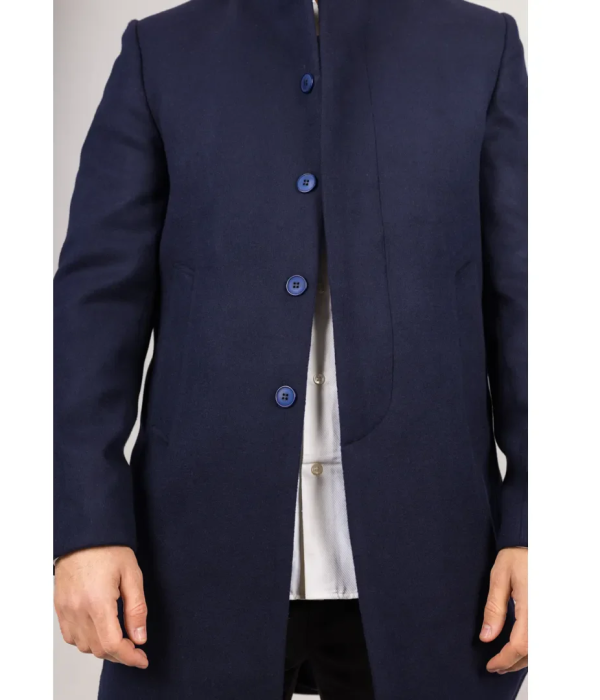 Men's Stand Collar Wool Blend Navy Overcoat