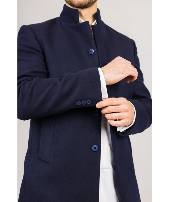 Men's Stand Collar Wool Blend Navy Overcoat