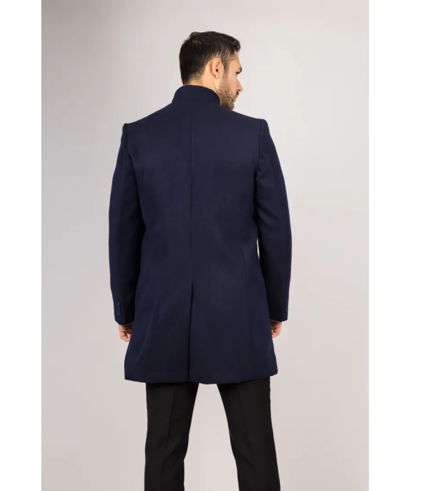 Men's Stand Collar Wool Blend Navy Overcoat