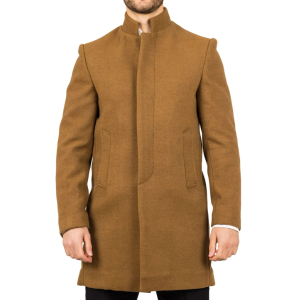 Men’s Stand Collar Wool Blend Tan Overcoat