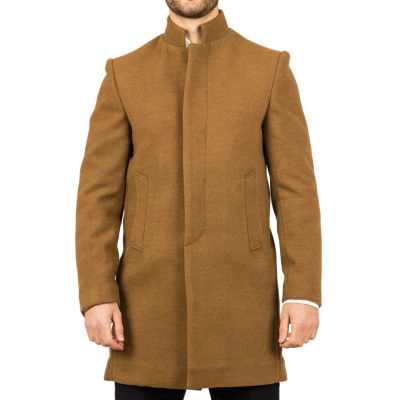 Men's Stand Collar Wool Blend Tan Overcoat