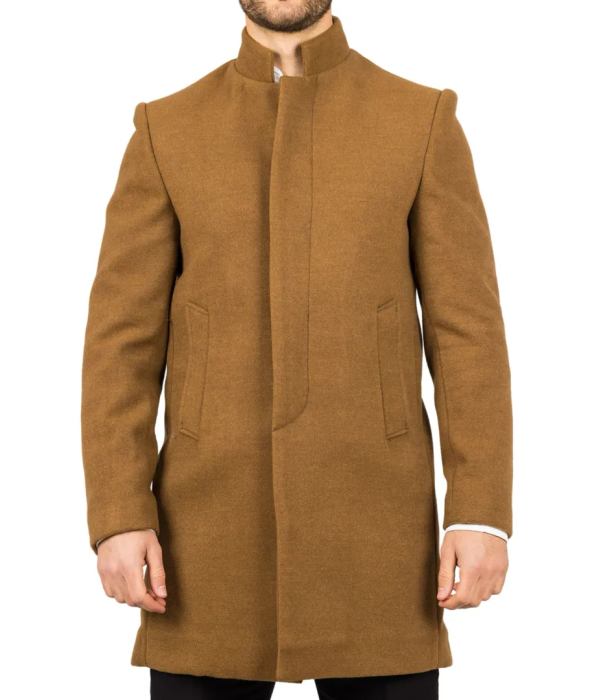 Men's Stand Collar Wool Blend Tan Overcoat