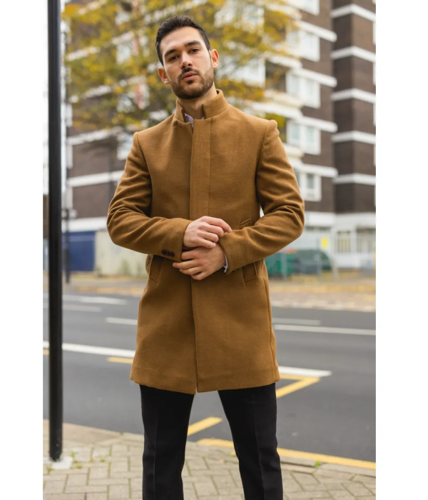 Men's Stand Collar Wool Blend Tan Overcoat