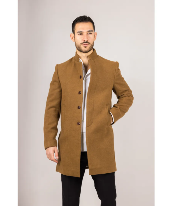 Men's Stand Collar Wool Blend Tan Overcoat