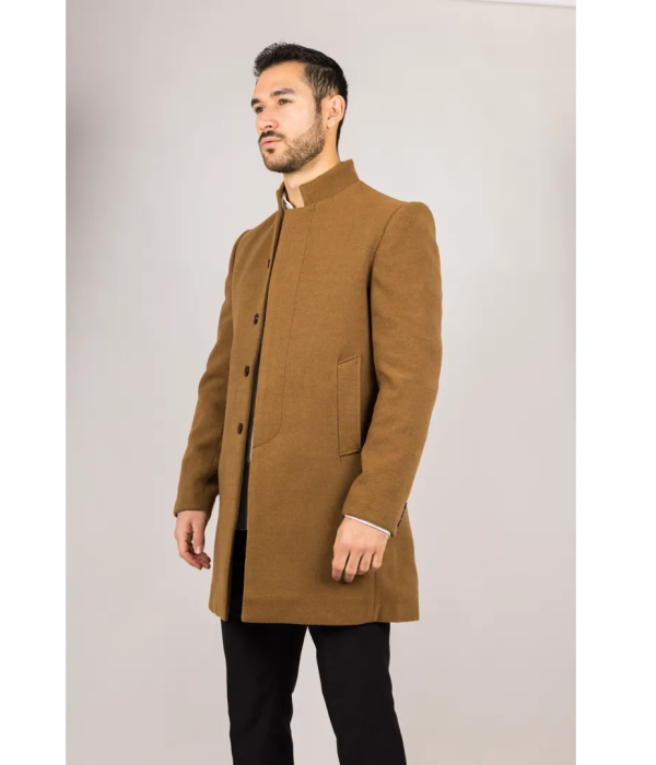 Men's Stand Collar Wool Blend Tan Overcoat