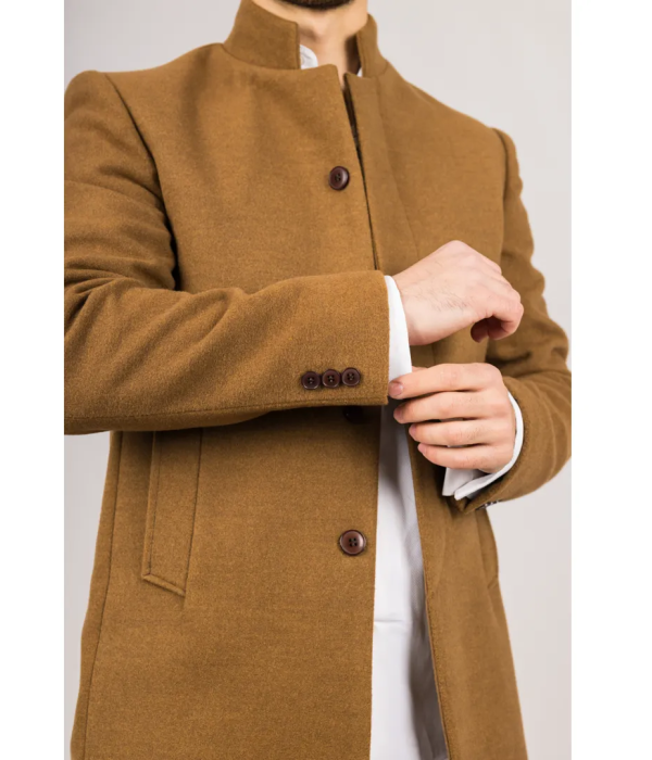 Men's Stand Collar Wool Blend Tan Overcoat