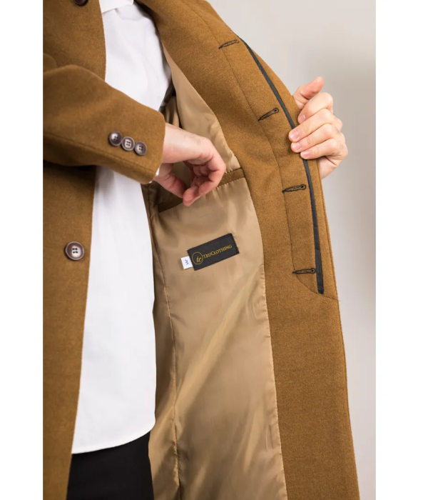 Men's Stand Collar Wool Blend Tan Overcoat