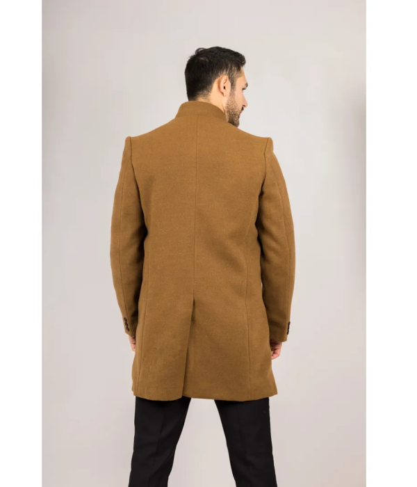 Men's Stand Collar Wool Blend Tan Overcoat