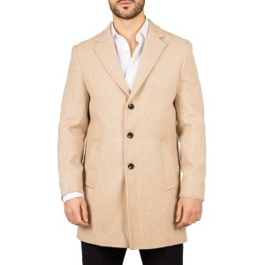 Men’s Notched Lapel Collar Wool Blend Beige Overcoat