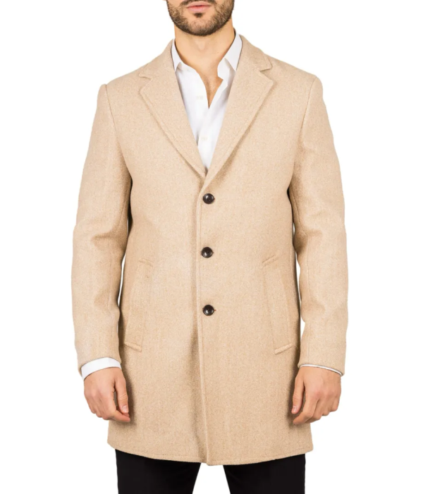 Men's Notched Lapel Collar Wool Blend Beige Overcoat