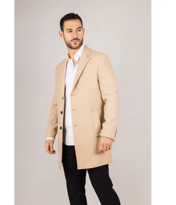 Men's Notched Lapel Collar Wool Blend Beige Overcoat