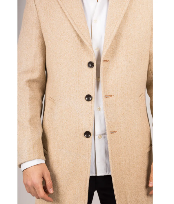 Men's Notched Lapel Collar Wool Blend Beige Overcoat